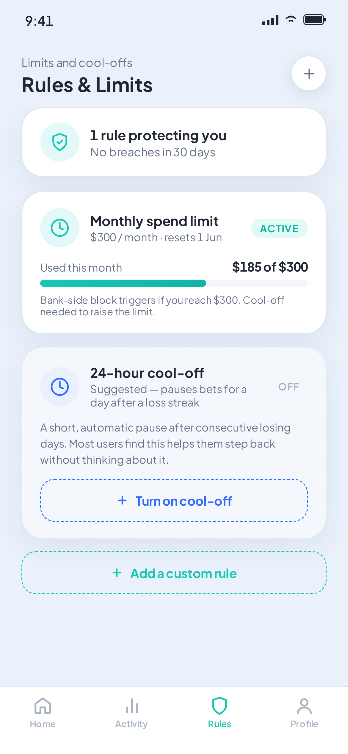 BetterSelf Rules and Limits — active spend cap and suggested cool-off