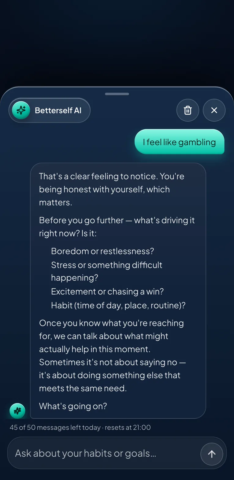 Companion chat: I feel like gambling, and a reply asking what is driving it