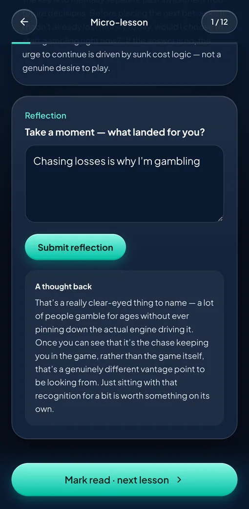 A lesson reflection: the user's answer and a written response, A thought back