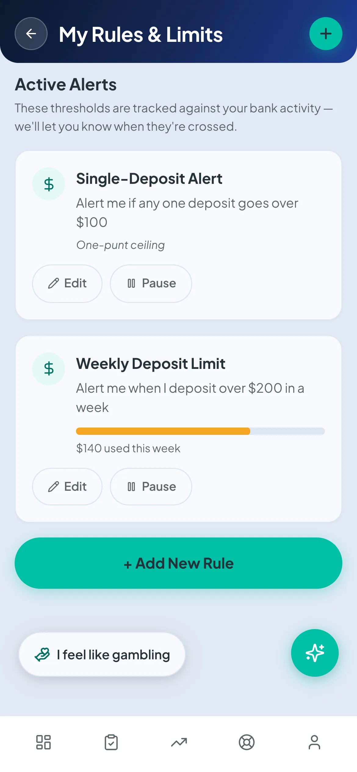 Betterself Rules and Limits — active deposit alerts with weekly usage tracked against the limit
