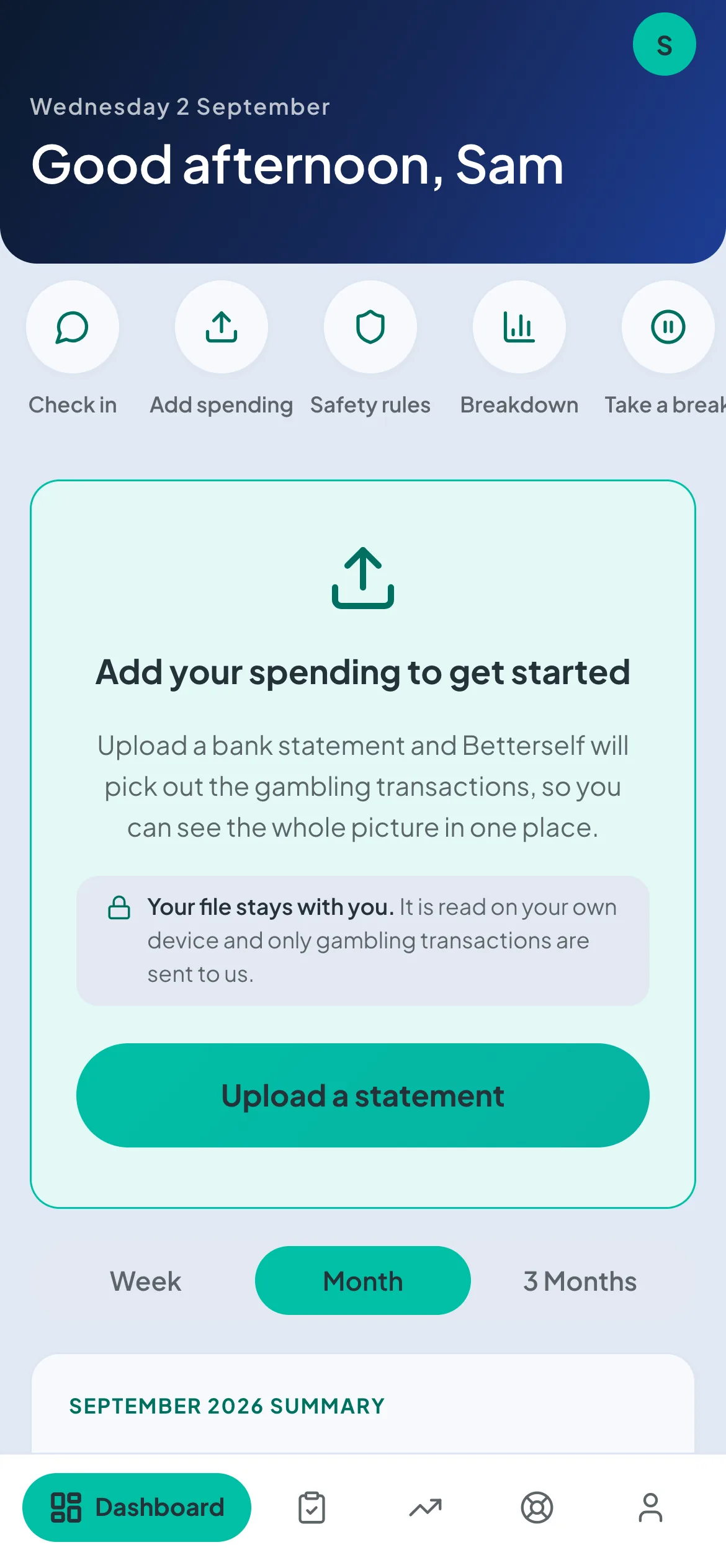 Betterself dashboard prompting the user to upload a bank statement privately on their device